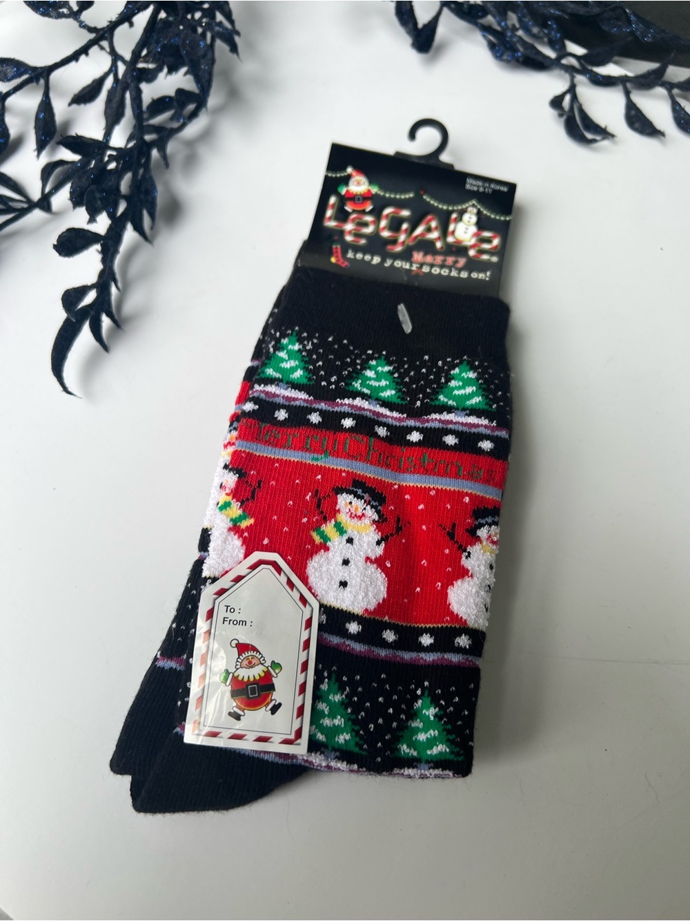 Holiday Snowman Christmas Socks - Black, Green, & Red Tree Snow Holiday